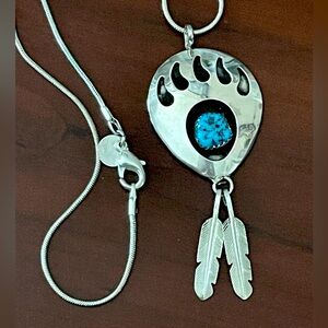 925 Sterling silver and turquoise native bear paw and feather pendant necklace